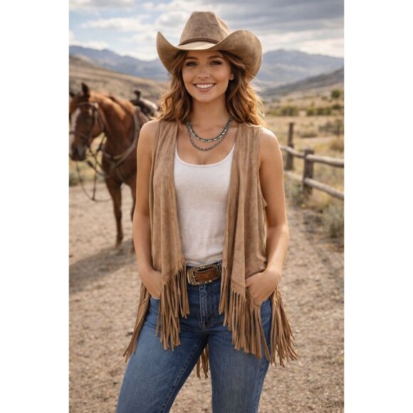Naif Women's Faux Suede Western Style Open Front Fringe Vest, Large, Cowgirl - Picture 2 of 11
